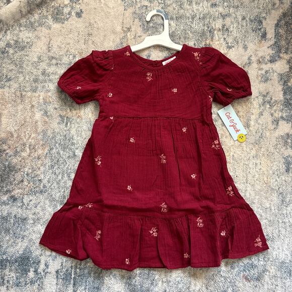 Cat and Jack Girls 5T Dress Red Floral Embroidered Gauzy Short Sleeve NEW - Picture 2 of 6